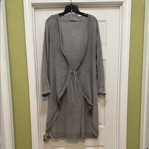Holy Clothing - Gray Open Front Cardigan Duster with Embroidered Trim -  XL/1X